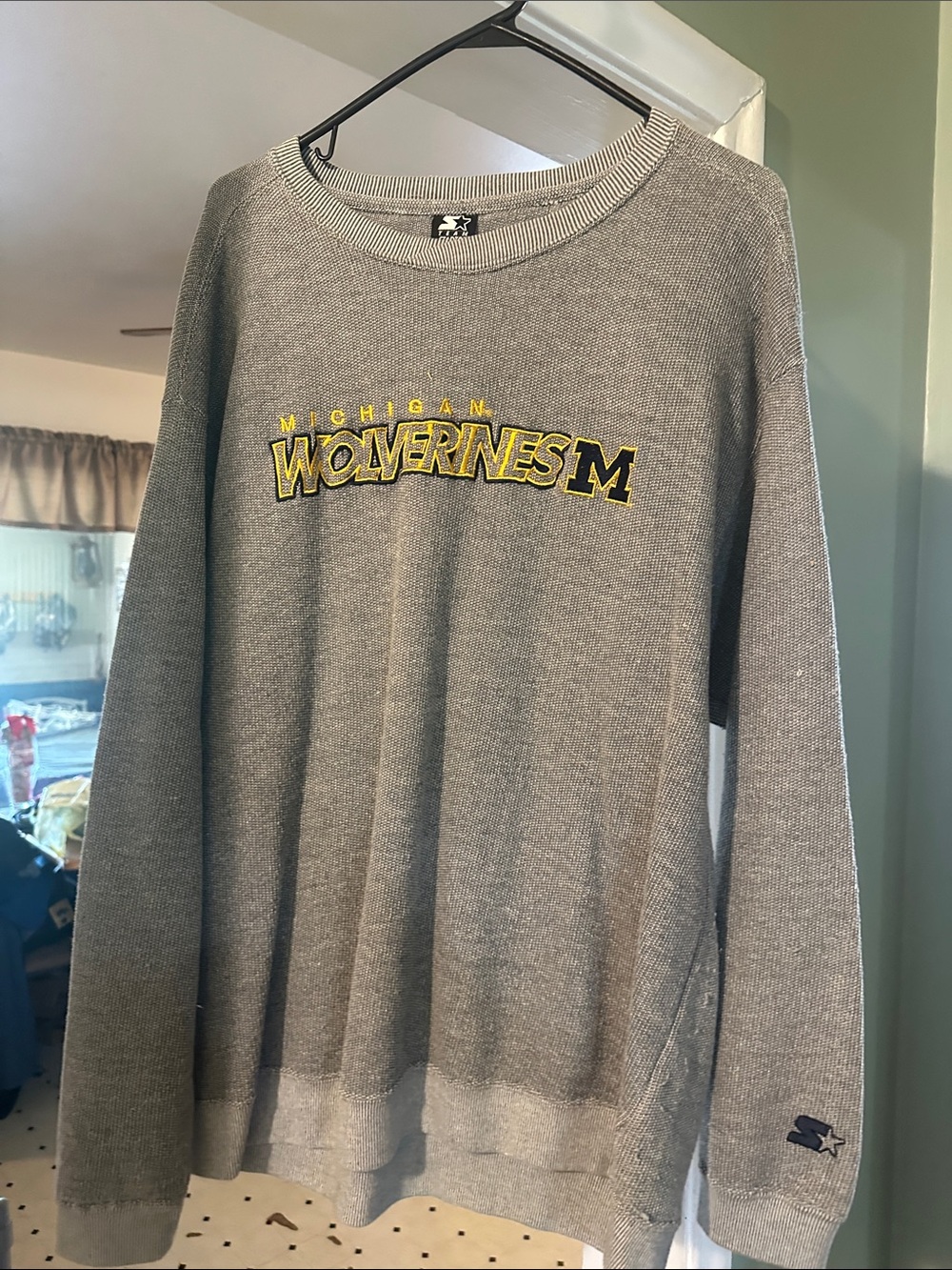 Michigan Wolverines STARTER Gray Ribbed Crewneck Pullover